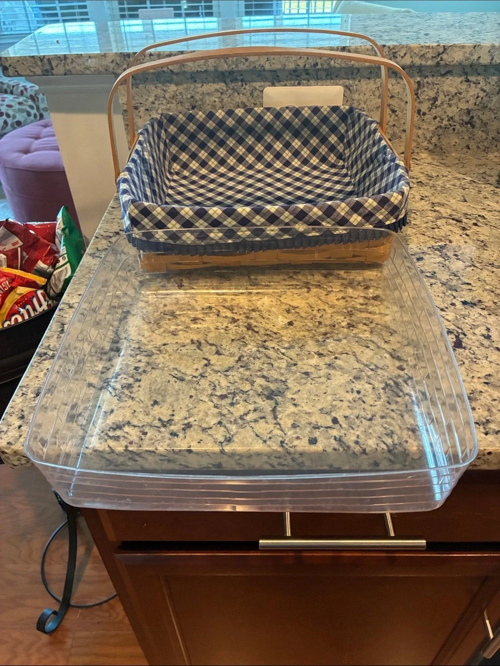 Longaberger Blue and White Gingham Square Basket with Wooden Handles